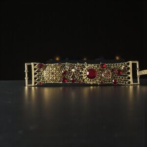 Vintage Gold Tone Bracelet,Hand Made, Red Rhinestone, Statement Piece